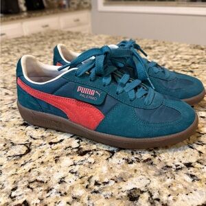 Puma Palermo Teal Suede Sneakers with Coral Stripe